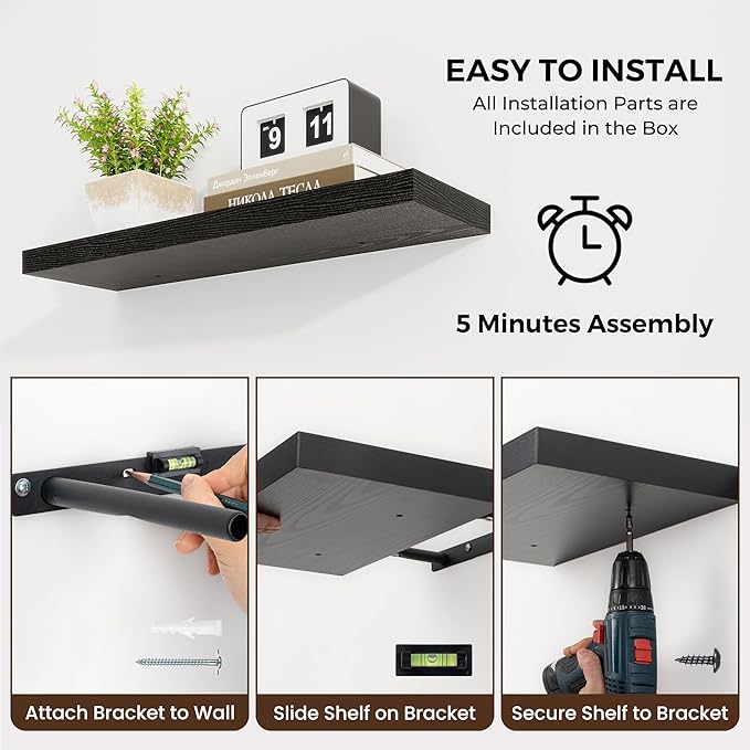 36 inch Floating Shelves Wall Shelves for Office with Invisible Brackets, 8 inch Deep Shelves for Bathroom, Living Room, Kitchen, Office, 36x7.9 inch deep Set of 2, Black-CasaMuseHome