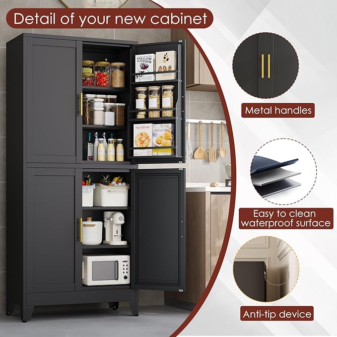 75" H Metal Storage Cabinet, Pantry with 6 Door Shelves and 4 Adjustable Shelves, Leveling Foot for Kitchen, Living Room and Dinning Room, Black-CasaMuseHome