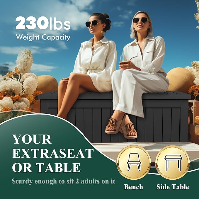 230 Gallon Outside Storage Box, Resin All Weather Storage Cabinet, Large Deck Box for Garden Tools, Patio Furniture, Sports Equipment, Black-CasaMuseHome