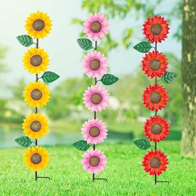 3 Pack Sunflowers Garden Stakes Decor,Metal Yard Art Decorative Garden Stakes,Metal Flowers Spring Garden Decor for Outside,Landscape,Patio(22.6 * 4.7IN)-CasaMuseHome