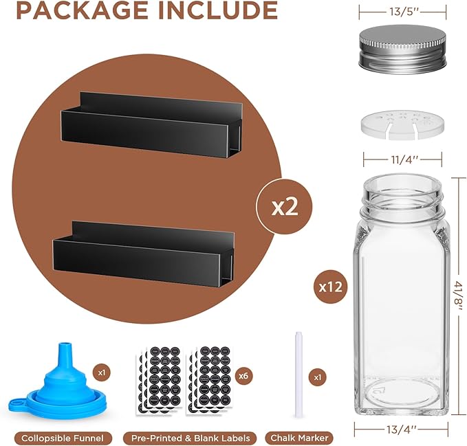 2 Pack Magnetic Spice Rack with 12 Spice Jars, Spice Labels, Magnetic Spice Organizer Shelf for Refrigerator, Microwave, Seasoning Organizer for Kitchen, Spice Jars with Label and Organizer Rack-CasaMuseHome
