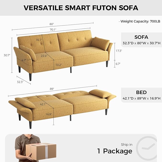 89” Futon Sofa Bed, Linen Comfy Futon Couch Bed with 2 Square Pillows, Convertible Sleeper Sofa with Adjustable Backrest& Armrests, Modern Loveseat Sleeper for Living Room, Bedroom, Yellow-CasaMuseHome