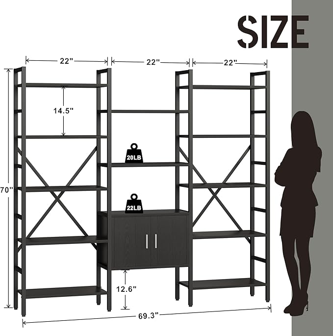 70 x70 Triple 5 Tier Book Shelf, Industrial Large Bookcase with Storage Cabinet, Tall Bookshelf with 14 Open Display Shelves Metal Frame Furniture for Living Room Bedroom Home Office Black-CasaMuseHome