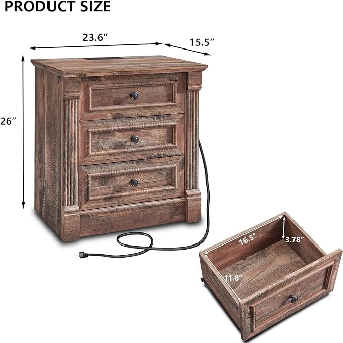 26" Tall Farmhouse Nightstand, 3 Drawers End Table w/Charging Station, 23.6" Wide Large Side Table w/Roman Column, Wood Rustic Sofa Table for Bedroom, Light Brown-CasaMuseHome