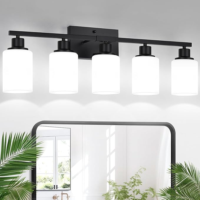 5-Light Black Bathroom Vanity Light Fixture with Milky White Frosted Glass Shades, Bathroom Light Fixture for Mirror, Matte Finish, Reversible Up/Down Lighting for Bedroom, Living Room, Hallway-CasaMuseHome