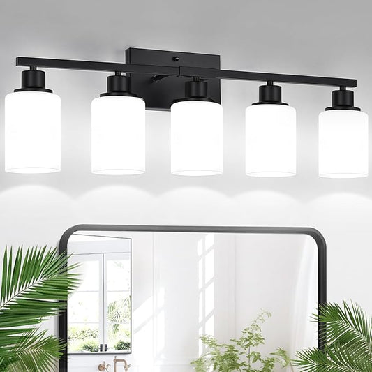 5-Light Black Bathroom Vanity Light Fixture with Milky White Frosted Glass Shades, Bathroom Light Fixture for Mirror, Matte Finish, Reversible Up/Down Lighting for Bedroom, Living Room, Hallway-CasaMuseHome