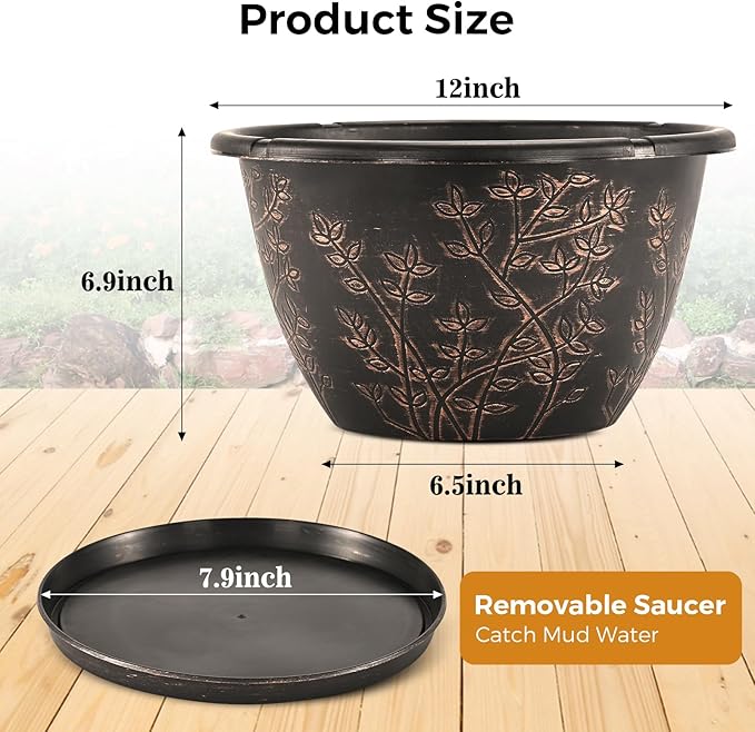 12-inch-Flower-Pots-Outdoor-Indoor, 4 Pack Plastic Planter Pots for Plant with Drainage Hole Saucer, Decorative Resin Garden Container with Tray-CasaMuseHome