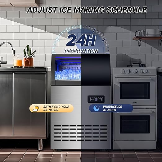 220LBS Commercial Ice Maker Machine - 72PCS Ice Cubes per Round, Undercounter/Freestanding Ice Machine, 55LBS Ice Storage Capacity for Home Bar and Outdoor, Stainless Steel Self-Cleaning-CasaMuseHome