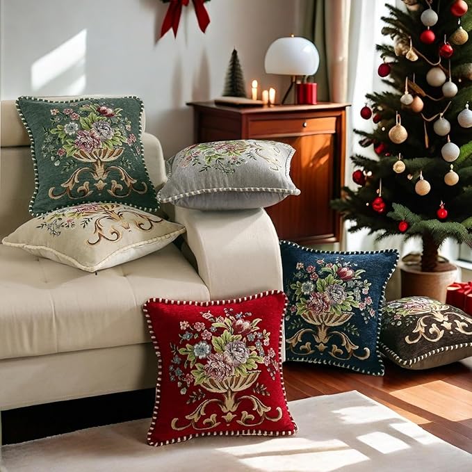 2 Pcs Grey Chenille Vintage Embroidered Throw Pillow Covers 18x18in,Grey Tassel Vintage Pattern Pillow Covers, Floral Embroidered Cushions Covers for Sofa Couch Bed Chairs Car-CasaMuseHome