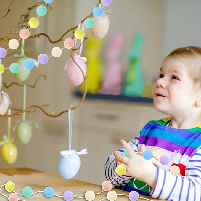 3pk Pastel Pom Pom Garland Easter Decorations Spring Home Decor Indoor Living Room Wall Classroom Xmas Tree, Cute Hanging Rainbow Colorful Felt Ball Garland Baby Shower Wedding Birthday Party Supplies-CasaMuseHome