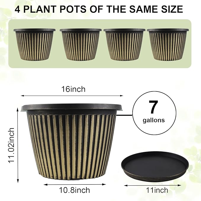 16 inch Large Planter Indoor Outdoor Plant Pots, 4 Pack Plastic Flower Pots with Saucer And Drainage Holes, Modern Garden Planters For Planting Medium Large Plants, Decorative Resin Garden Pots-CasaMuseHome