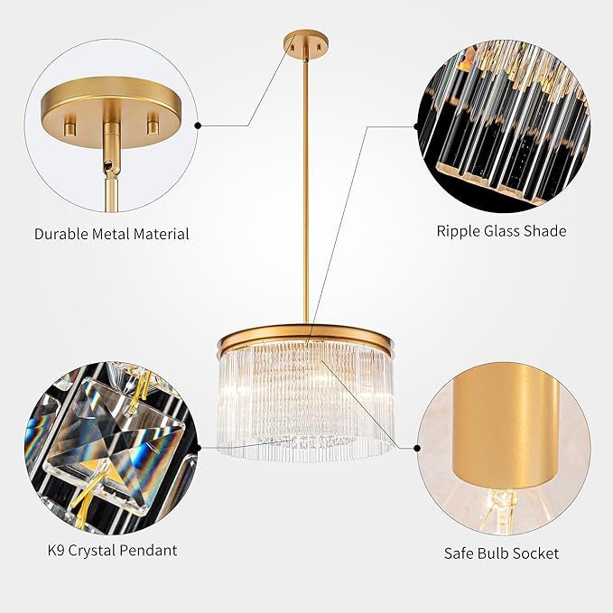 4-Lights Drum Glass Chandelier, Modern Style Light Fixture for Dining Room, Bedroom, Ripple Glass Shade & Brass Finish, D16.5 * H18~48 inch (Adjustable Height)-CasaMuseHome