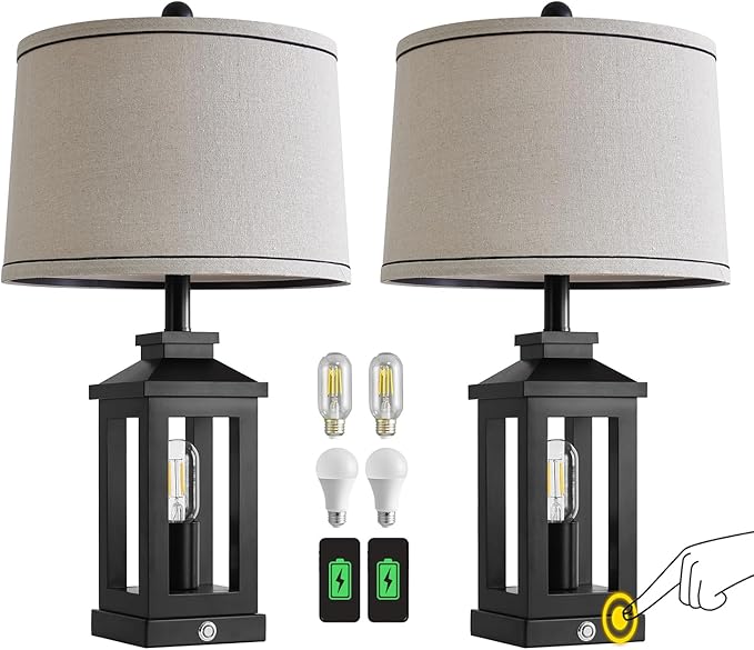 23.75" Retro Farmhouse Black Table Lamp for Living Room Bedroom Nightstand Set of 2 Touch Control Bedside Nightlight Vintage Modern Lamp with USB C+A Ports and 2 Light Sources-CasaMuseHome