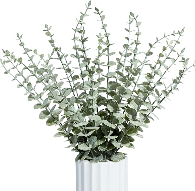 24Pcs Faux Eucalyptus Stems, 15" Artificial Eucalyptus Plants with White Frosted Coating, Fake Eucalyptus Decor Plastic Greenery Leaves for Wedding Bouquets Home Decor DIY Floral Arrangements-CasaMuseHome