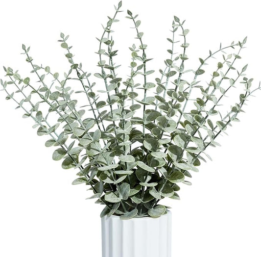 24Pcs Faux Eucalyptus Stems, 15" Artificial Eucalyptus Plants with White Frosted Coating, Fake Eucalyptus Decor Plastic Greenery Leaves for Wedding Bouquets Home Decor DIY Floral Arrangements-CasaMuseHome