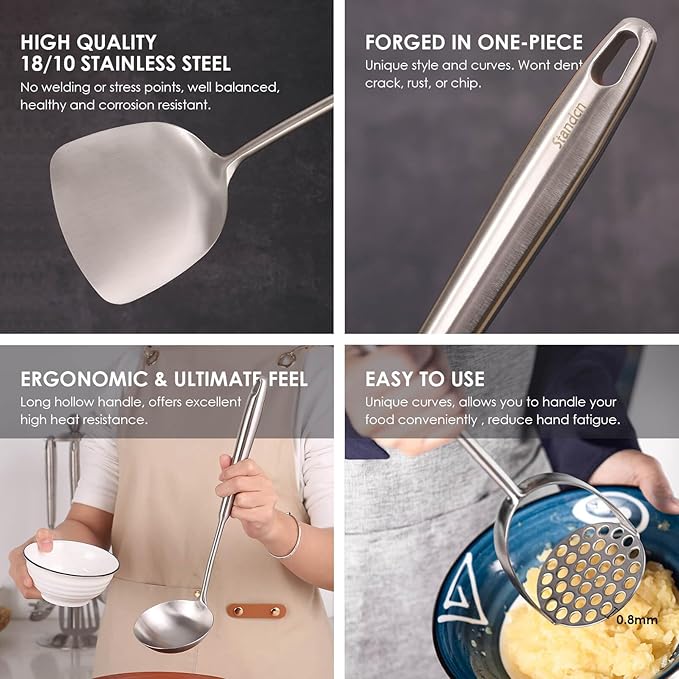 18/10 Stainless Steel Kitchen Utensils Set - 12 PCS All Metal Cooking Tools & 15″ Serving Utensils - Potato Masher, Meat Fork, Tongs, Turner, Pasta, Serving Spoon, Skimmer, Ladle, Spatula Spoon Set-CasaMuseHome