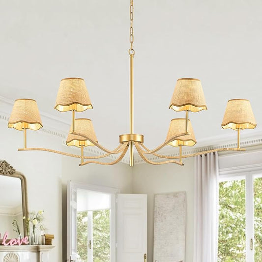 6 Light Boho Rattan Chandelier 44'' Brass Gold Chandelier Light Fixture Hand Woven Dining Room Chandeliers for Entryway Bedroom Living Room Bathroom-CasaMuseHome