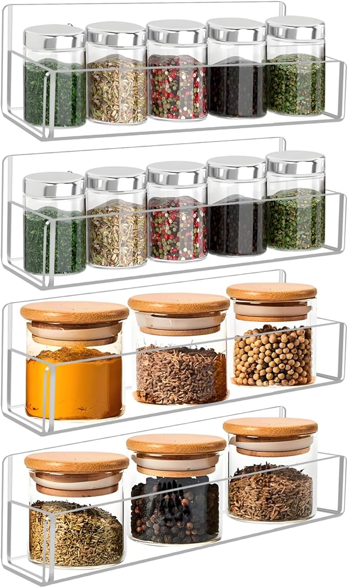 Acrylic Spice Rack Wall Mount-9 Inch, Clear Spice Shelf Storage Holder, 4 Pack Hanging Seasoning Rack Organizer for Cabinet Door, Cupboard or Wall Kitchen (Adhesive or Screw)-CasaMuseHome