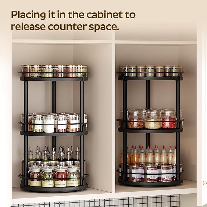 3-Tier Lazy Susan Organizer, Rotating Spice Rack, Spinning Organizer, Industrial Turntable Spice Rack Organizer for Cabinet, Kitchen Countertop, Pantry, Black SR23BK-CasaMuseHome