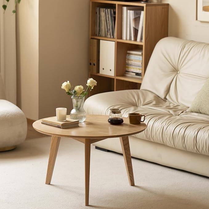 100% Solid Oak Wood Mini Coffee Table, Round Side Table w/Solid Wood Legs, Walnut Mid Century Coffee Table w/Sturdy Frame for Bedroom Balcony Living Room (29.53" D x 17.72" H)-CasaMuseHome