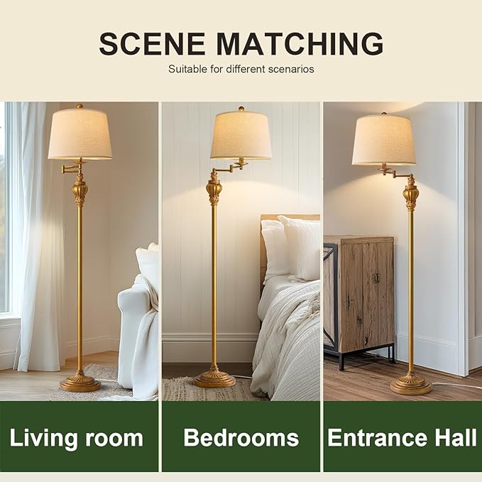 61" Vintage Floor Lamp with 350° Adjustable Swing Arm, Gold Standing Lamp for Bedroom Living Room Nightstand Bedside Retro Farmhouse Mid Century Lamp Light Home Décor Office Gifts-CasaMuseHome