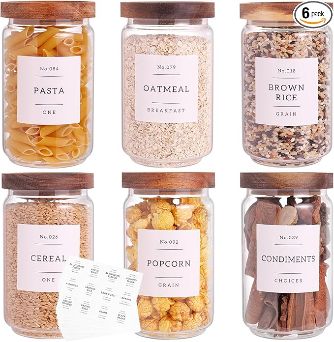 6 Set Glass Pantry Storage Jars with Acacia Airtight Lid - 23oz Thicken Glass Kitchen Canisters with 132 Pantry Labels - Clear Glass Food Storage Containers with Wood Lid for Tea,Sugar,Cookie,Coffee-CasaMuseHome