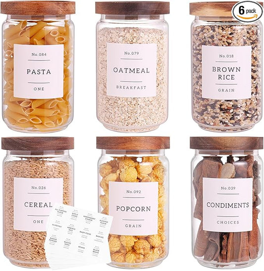 6 Set Glass Pantry Storage Jars with Acacia Airtight Lid - 23oz Thicken Glass Kitchen Canisters with 132 Pantry Labels - Clear Glass Food Storage Containers with Wood Lid for Tea,Sugar,Cookie,Coffee-CasaMuseHome