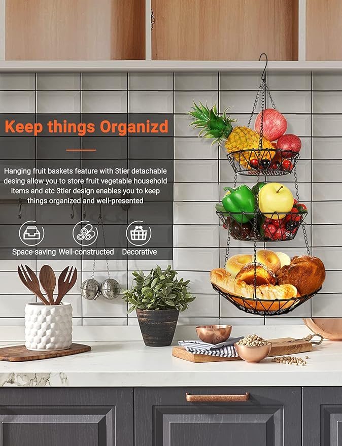 3 Tier Hanging Basket with Sturdy Metal Chain Hanging Hooks Fruit and Vegetable Basket Heavy Duty Wire Organizer Space Saving Rustic Country Style Kitchen Storage-CasaMuseHome
