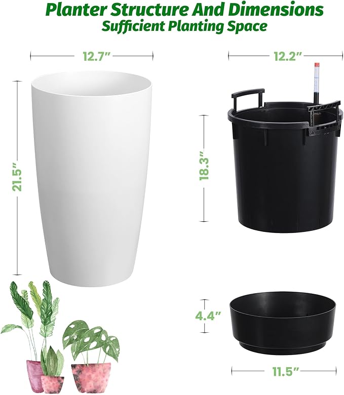 22" Tall Round Planter Set of 2, Self Watering Pots for Indoor Plants, Large Flower Pot Outdoor with Built-in Drainage and a Water Level Monitor, for Patio, Porch, Living Room, or Home Office, White-CasaMuseHome