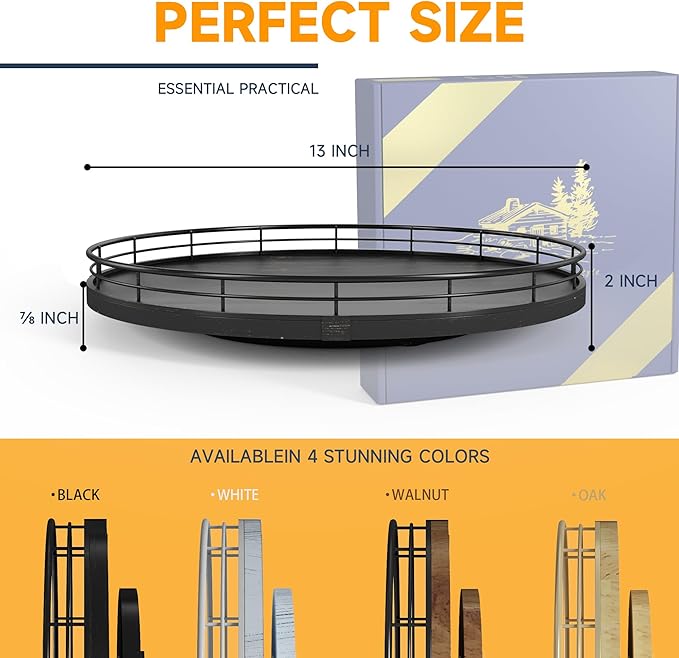 13" Oak Bathroom Vanity Tray Turntable for Perfume Candle, Round Wooden Decorative Tray for Kitchen Sink Countertop Organizer, Bathroom Counter Organizer for Skincare Makeup, Farmhouse Black Gold-CasaMuseHome