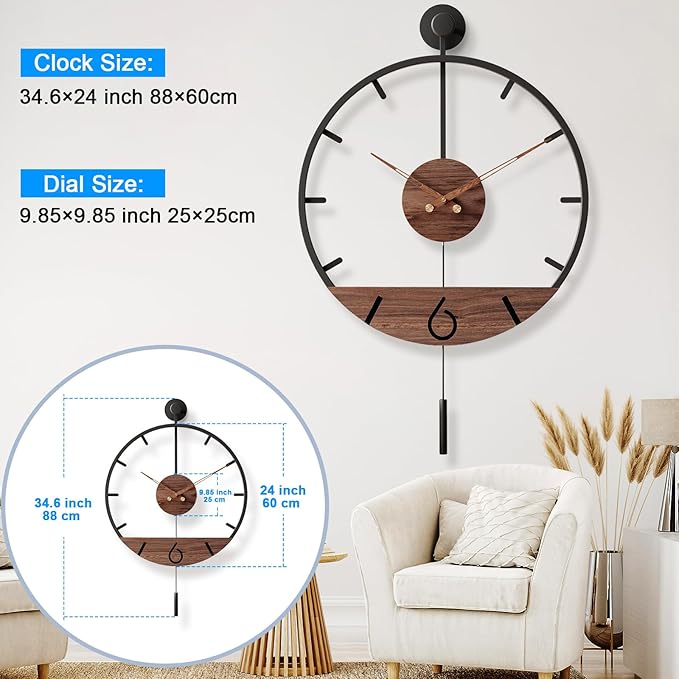 30.7×20 Inch Large Modern Decorative Pendulum Wall Clock,Big Metal Farmhouse Oversized Silent Wall Clocks Minimalist Elegant Walnut Dial Pointers for Living Room,Office,Dining Room Decor-CasaMuseHome