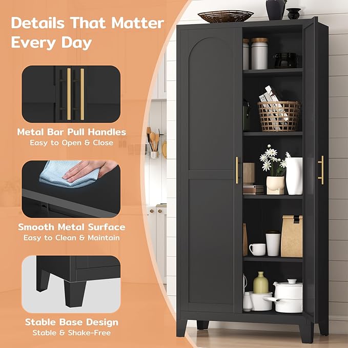 70.87" H Metal Kitchen Pantry Cabinet, Freestanding Cupboard with 2 Doors and 4 Adjustable Shelves, Tall Metal Storage Cabinet for Kitchen, Bathroom, Dinning Room or Laundry Room （Black）-CasaMuseHome