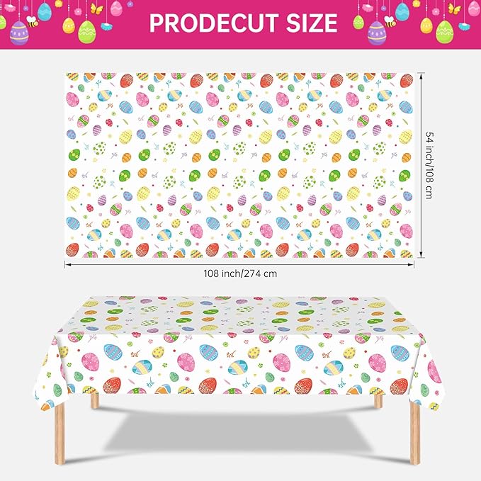 2 Pack Easter Tablecloth - Colorful Easter Eggs Table Cloth, Plastic Disposable Rectangle Spring Easters Egg Table Cover for Easters Tables Decorations and Party Supplies Decor Favors, 108 x 54 Inch-CasaMuseHome
