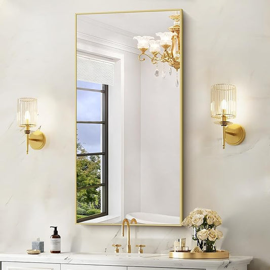 48x24In Gold Bathroom Mirror for Wall, Brushed Gold Rectangle Mirrors with Metal Frame, Bathroom Rectangular Mirror Modern Wall Mirror for Bedroom Living Room, Hangs Horizontal or Vertical-CasaMuseHome