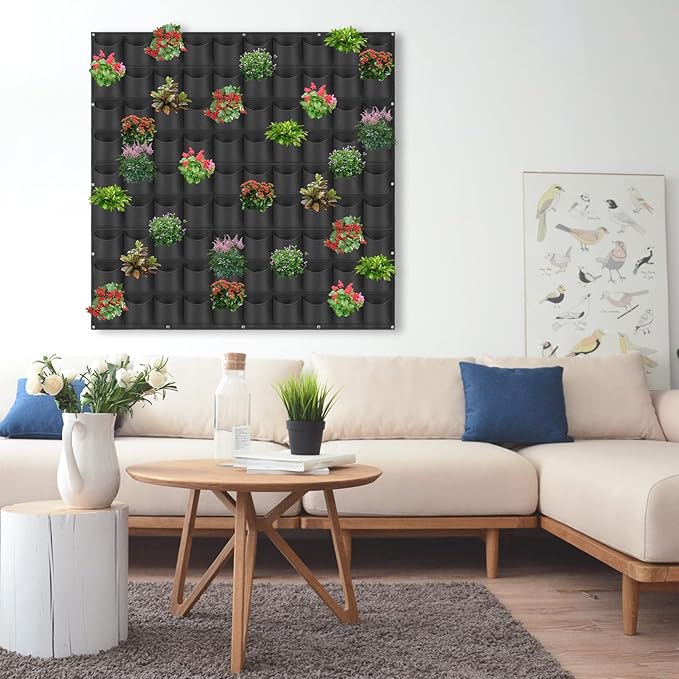 90 Pockets Hanging Planter Bags, Hanging Vertical Wall Mounted Plant Planting Grow Bags, Herb Garden Planter Outdoor Indoor Growing Bag, Gardening Vertical Greening Flower Container(1.1m×1.1m, Black)-CasaMuseHome
