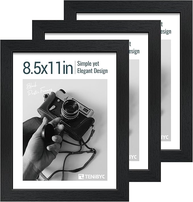 8.5x11 Picture Frame Set of 3 - Black Woodgrain, Solid Wood & HD Tempered Glass, Table Display or Wall Hanging-CasaMuseHome