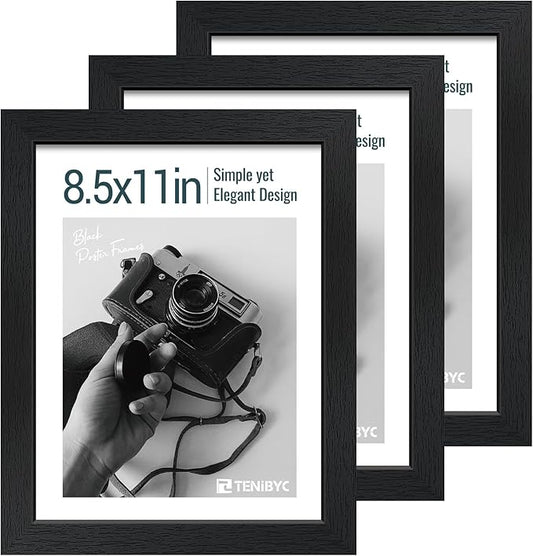 8.5x11 Picture Frame Set of 3 - Black Woodgrain, Solid Wood & HD Tempered Glass, Table Display or Wall Hanging-CasaMuseHome