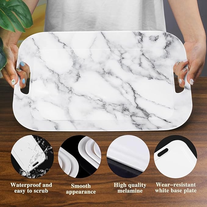 Serving Trays with Handles, 14.5 x 9.8 inch Rectangular Plastic Tray for Restaurant, Kitchen, Gray White Marble-CasaMuseHome