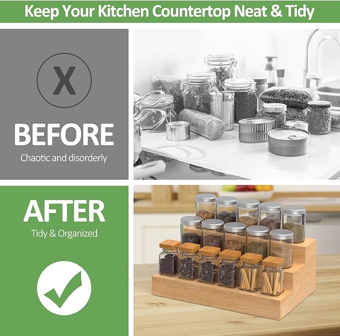 2 Pack Bamboo Spice Rack Organizer for Countertop, 3 Tier Spice Step Shelf for Cabinet (Jars Not Included)-CasaMuseHome