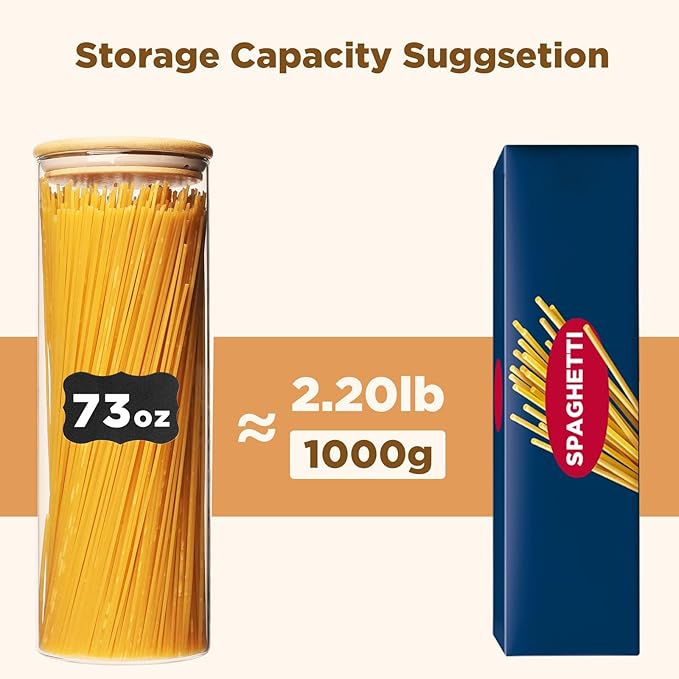 73oz Glass Pasta Storage Jars, Tall Glass Jars with Bamboo Lids, Spaghetti Container, Set of 3, Kitchen Storage Containers for Pasta, Pantry Organizers-CasaMuseHome