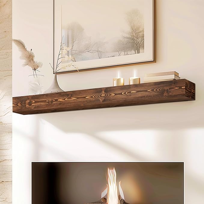 56x8x5 Fireplace Mantel - Handcrafted Hollow Rustic Solid Wood Wall Mounted Floating Shelf with Invisible Heavy Duty Wood Bracket (Weathered Brown)-CasaMuseHome