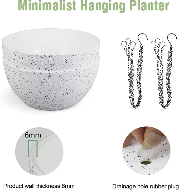 8 inch Hanging Planters for Small Indoor Outdoor Plants, 2 Pack Hanging Flower Pots with Drainage Holes and Chain for Garden Porch, Plastic Hanging Baskets for House Plants, Speckled White-CasaMuseHome