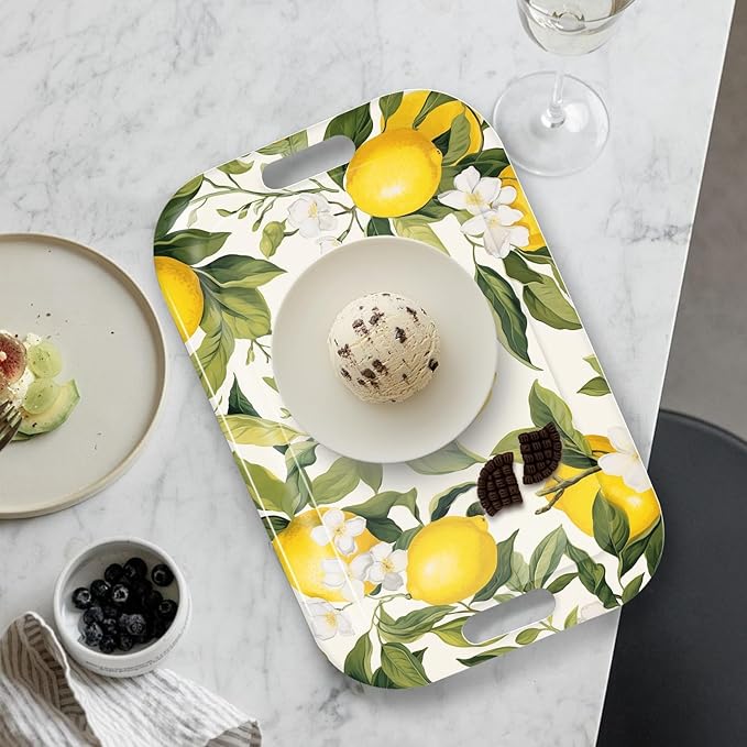 Serving Trays with Handles, 14.5 x 9.8 inch Rectangular Plastic Tray for Restaurant, Kitchen, Lemon and Lemon-CasaMuseHome