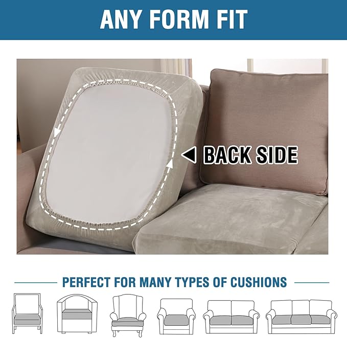 H.VERSAILTEX Velvet Stretch Couch Cushion Cover Plush Cushion Slipcover for Chair Cushion Furniture Protector Seat Cushion Sofa Cover (1 Piece Armchair Cushion Covers, Oatmeal)-CasaMuseHome