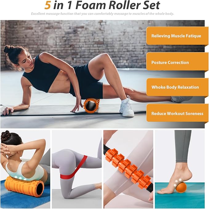 5 in 1 Foam Roller Set for Deep Tissue Muscle Massage, Trigger Point Fitness Exercise Foam Roller, Massage Roller, Massage Ball, Stretching Strap, for Whole Body (Orange-New)-CasaMuseHome
