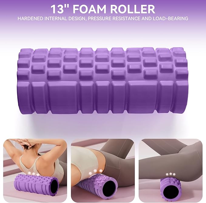 5 in1 Foam Roller Set, High Density Deep Tissue Massager for Muscle Massage, Massage Roller, Massage Ball, Resistance Band for Whole Body Physical Therapy Deep Muscle Massage (Purple)-CasaMuseHome