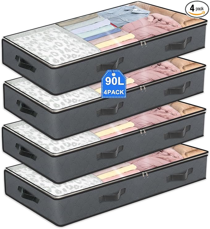 4 Pack Under Bed Storage, 90L Collapsible Closet Containers Organizers and Under Bed Storage Bins, Underbed Storage Bags for Wrapping Paper, Blanket, Towels, Clothes, Comforter, Sweaters, Linen Sheet-CasaMuseHome