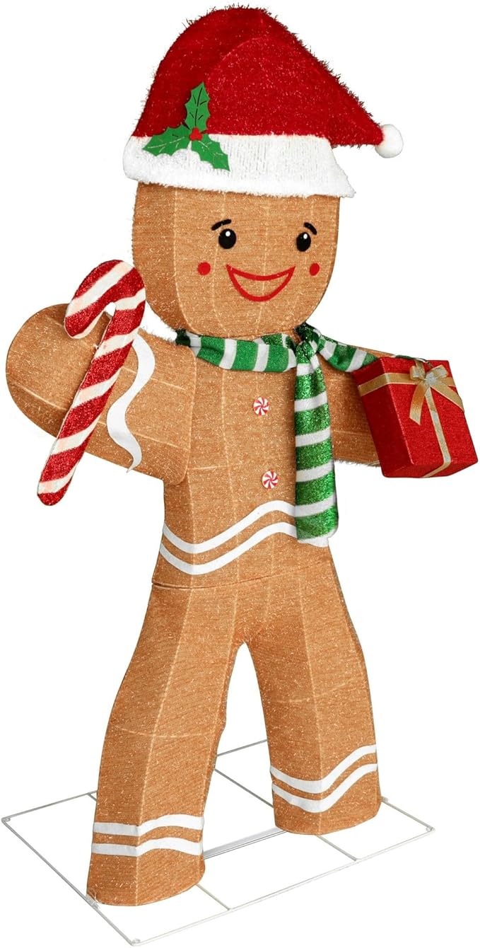 5FT Gingerbread Man with Candy Cane and Gift Box Decoration, 2.5D Pre-Lit Gingerbread Man Decor with 120 LED Lights for Christmas, Freestanding Glittered Holiday Display for Outdoor, Indoor-CasaMuseHome