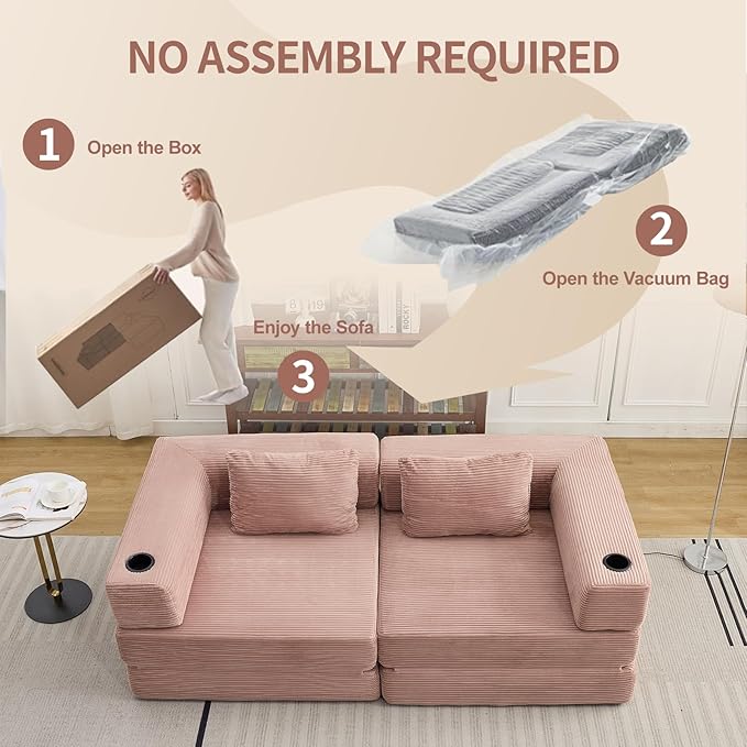 78" W Loveseat Sofa, 4 in 1 Convertible Floor Sofa Bed, Boneless Cloud Couch with Cup Holder, Fold Out Floor Couch, Loveseat Recliner Sleeper for Living Room Bedroom Lounge(Corduroy, White)-CasaMuseHome