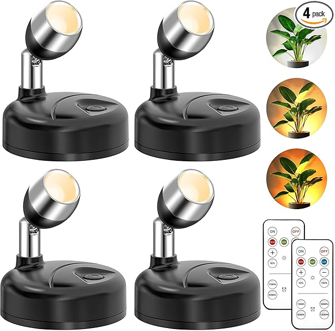 4 Pack Wireless LED Spotlights Indoor, Plant Battery Operated Tree Lights, Uplighting Picture Light with Remote, Accent Lights for Display Artwork Dartboard-CasaMuseHome